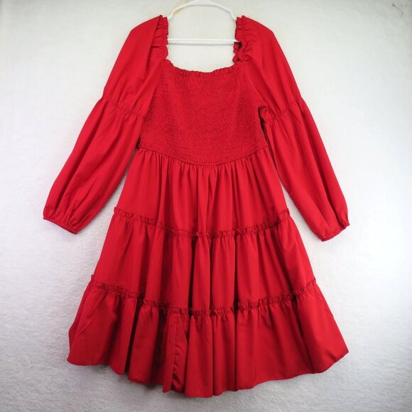 Shein Curve Dress Size 0 XL Red Smocked Long Sleeve Tiered Ruffles Square Neck - Picture 1 of 8